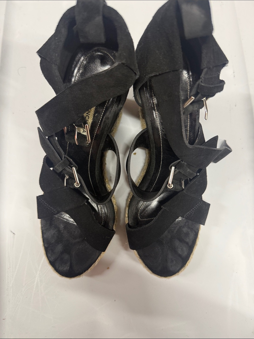 Balenciaga Black Suede Strappy Wedge Sandals
